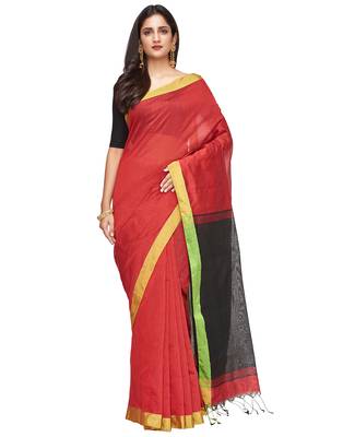 red Handloom Taant Pure Cotton Saree With Blouse Piece 1