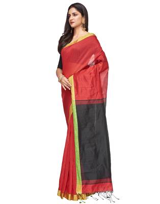 red Handloom Taant Pure Cotton Saree With Blouse Piece 2