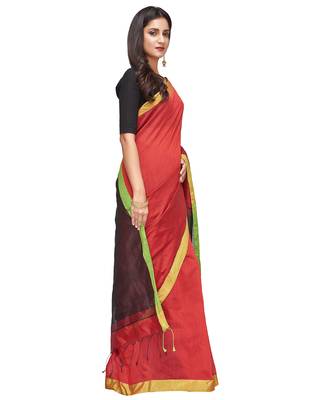 red Handloom Taant Pure Cotton Saree With Blouse Piece 3