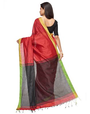 red Handloom Taant Pure Cotton Saree With Blouse Piece 4