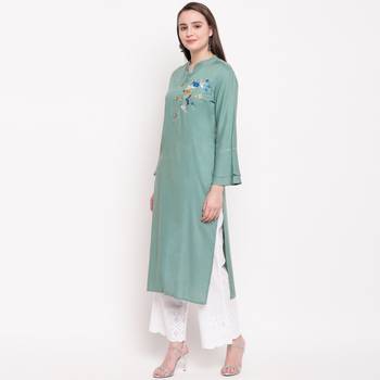 women's embroidered/solid straight rayon see green kurti 3