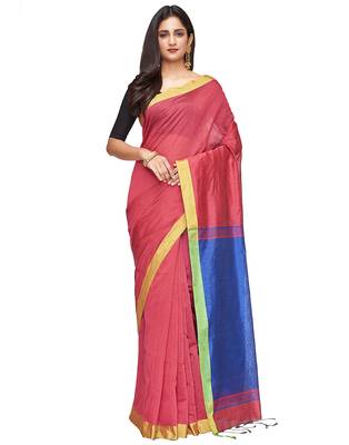 red Handloom Taant Pure Cotton Saree With Blouse Piece 1