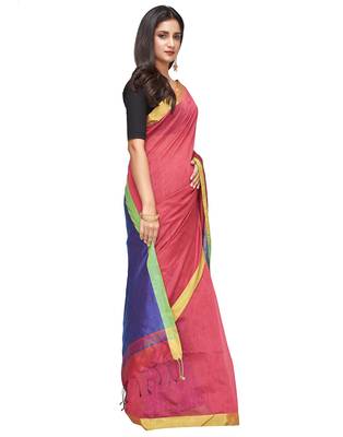 red Handloom Taant Pure Cotton Saree With Blouse Piece 2