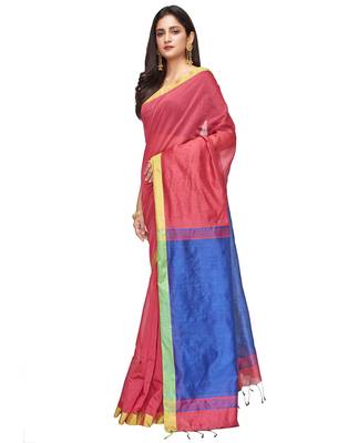 red Handloom Taant Pure Cotton Saree With Blouse Piece 3