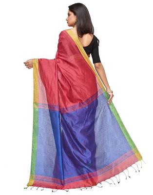 red Handloom Taant Pure Cotton Saree With Blouse Piece 4