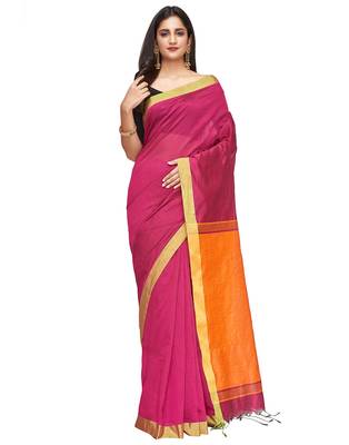 red Handloom Taant Pure Cotton Saree With Blouse Piece 1