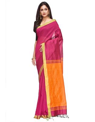 red Handloom Taant Pure Cotton Saree With Blouse Piece 2