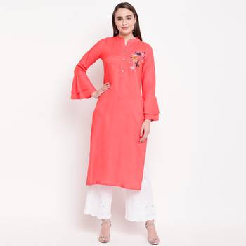women's embroidered/solid straight rayon peach kurti 1