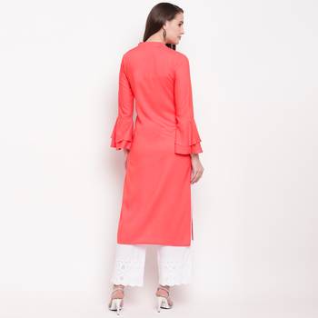 women's embroidered/solid straight rayon peach kurti 2
