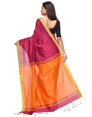 red Handloom Taant Pure Cotton Saree With Blouse Piece 4
