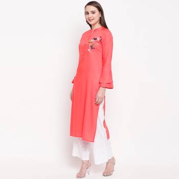 women's embroidered/solid straight rayon peach kurti 3