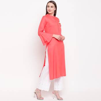 women's embroidered/solid straight rayon peach kurti 4