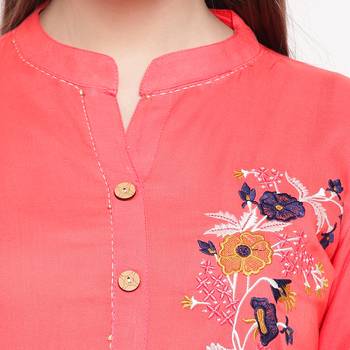 women's embroidered/solid straight rayon peach kurti 5