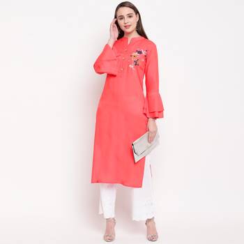women's embroidered/solid straight rayon peach kurti 6