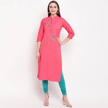 women's embellished/solid straight rayon pink kurti 1