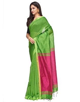 green Handloom Taant Pure Cotton Saree With Blouse Piece 1