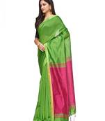 green Handloom Taant Pure Cotton Saree With Blouse Piece