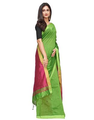green Handloom Taant Pure Cotton Saree With Blouse Piece 2