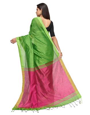green Handloom Taant Pure Cotton Saree With Blouse Piece 3