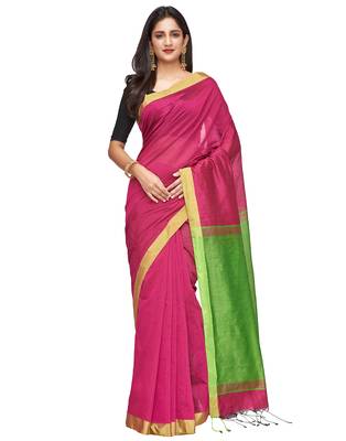 pink Handloom Taant Pure Cotton Saree With Blouse Piece 1