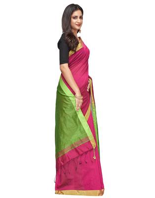 pink Handloom Taant Pure Cotton Saree With Blouse Piece 3