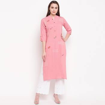 women's embroidered/solid straight rayon light pink kurti 1