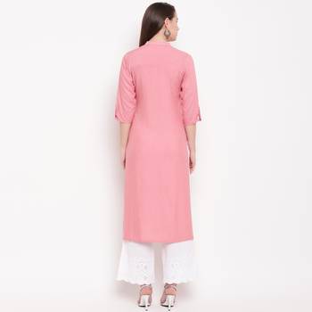 women's embroidered/solid straight rayon light pink kurti 2