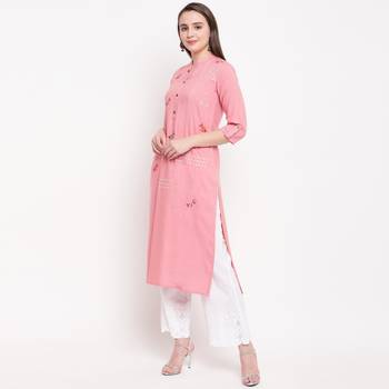 women's embroidered/solid straight rayon light pink kurti 3