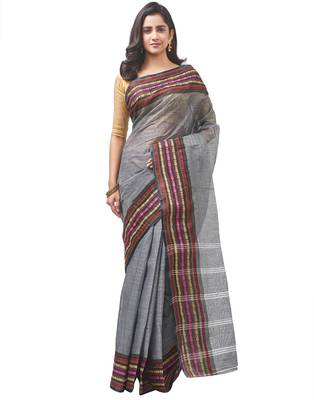 grey Handloom Taant Pure Cotton Saree Without Blouse Piece 1