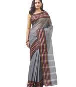 grey Handloom Taant Pure Cotton Saree Without Blouse Piece