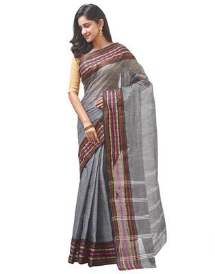 grey Handloom Taant Pure Cotton Saree Without Blouse Piece 2