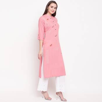 women's embroidered/solid straight rayon light pink kurti 4