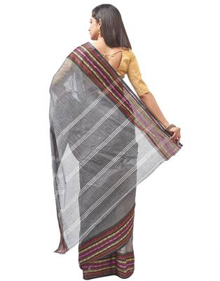 grey Handloom Taant Pure Cotton Saree Without Blouse Piece 3