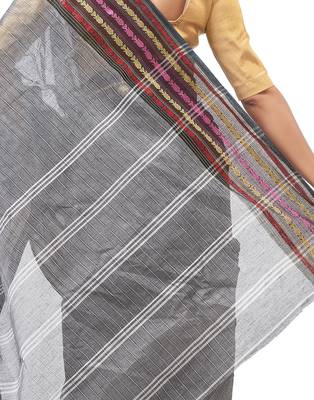 grey Handloom Taant Pure Cotton Saree Without Blouse Piece 4