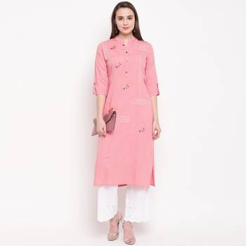 women's embroidered/solid straight rayon light pink kurti 6