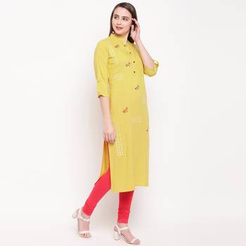 women's embroidered/solid straight rayon yellow kurti 3