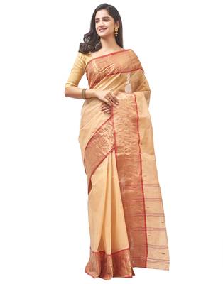 beige Handloom Taant Pure Cotton Saree Without Blouse Piece 1