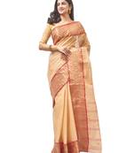 beige Handloom Taant Pure Cotton Saree Without Blouse Piece
