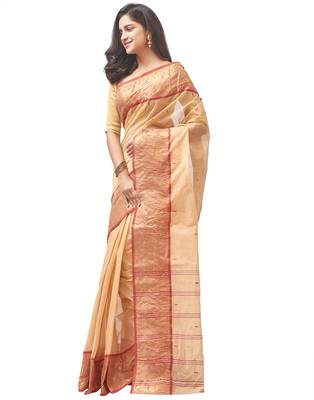beige Handloom Taant Pure Cotton Saree Without Blouse Piece 2