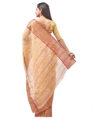 beige Handloom Taant Pure Cotton Saree Without Blouse Piece 3