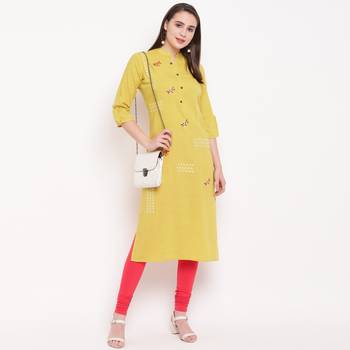 women's embroidered/solid straight rayon yellow kurti 1