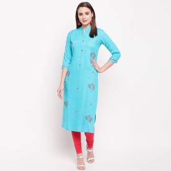 women's embroidered/solid straight rayon sky blue kurti 1