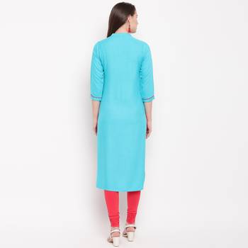 women's embroidered/solid straight rayon sky blue kurti 2