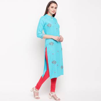 women's embroidered/solid straight rayon sky blue kurti 3