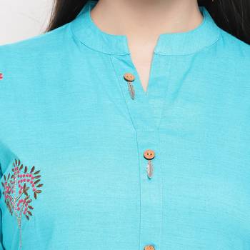 women's embroidered/solid straight rayon sky blue kurti 4