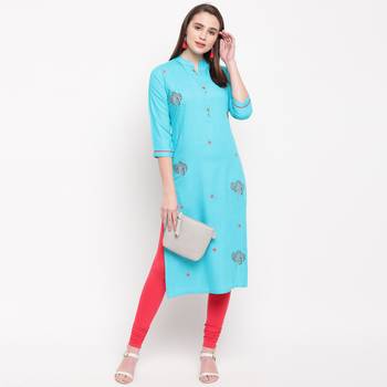 women's embroidered/solid straight rayon sky blue kurti 5