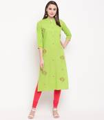 women's embroidered/solid straight rayon parrot green kurti