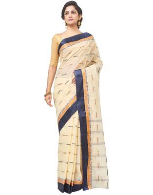beige Handloom Taant Pure Cotton Saree Without Blouse Piece 1