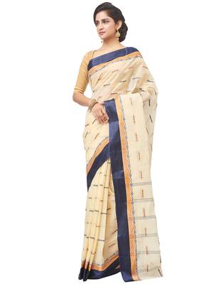 beige Handloom Taant Pure Cotton Saree Without Blouse Piece 2
