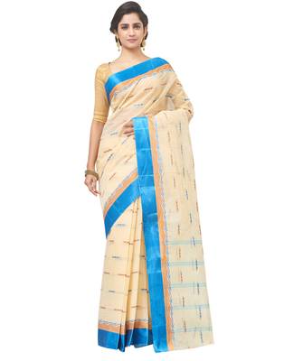 beige Handloom Taant Pure Cotton Saree Without Blouse Piece 1